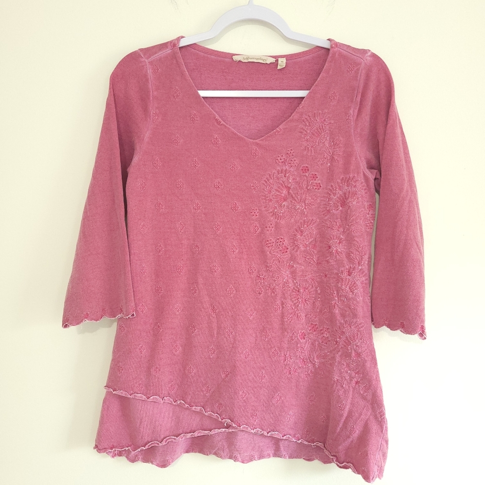 Soft Surroundings Floral Embroidered V neck 3/4 Sleeve Boho Tunic Top XS